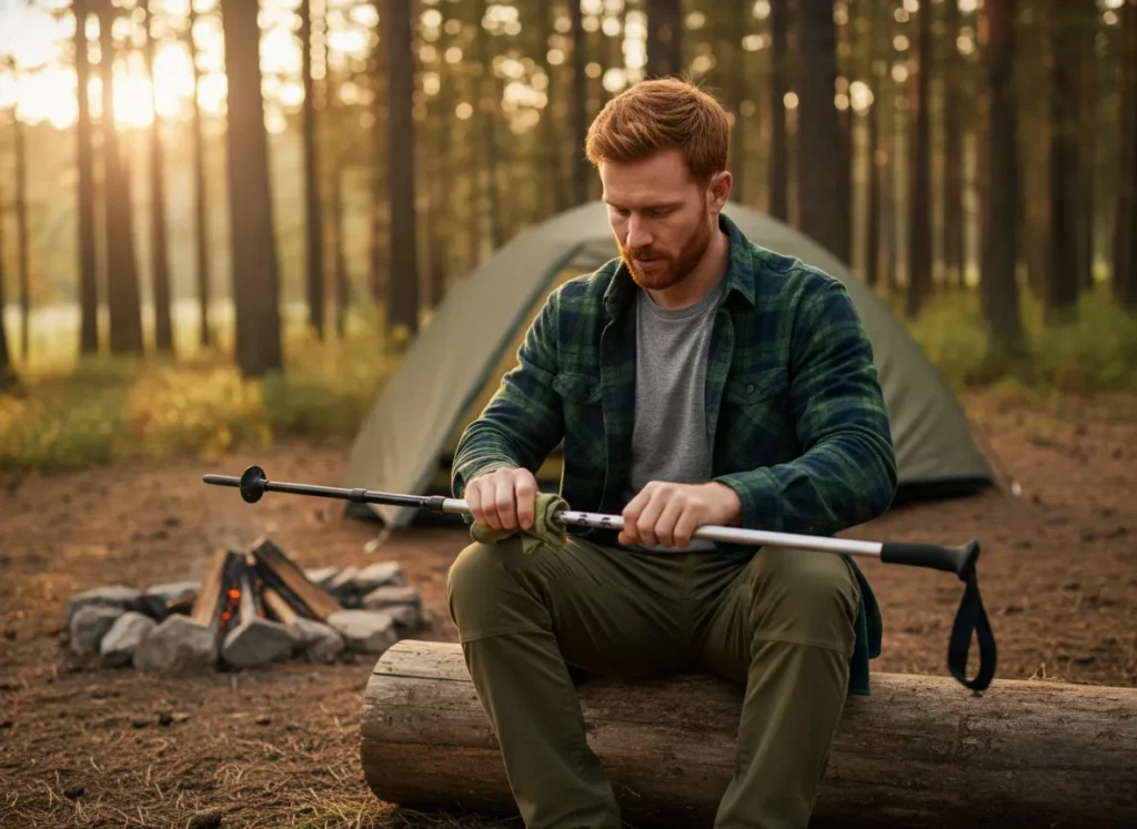 A responsible male hiker sitting at a campsite, carefully cleaning his trekking poles as part of his gear maintenance routine.
