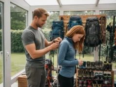 The Science of Backpack Fit: How to measure Torso Length A man helps a woman measure her torso length for a backpack in a sunroom filled with hiking gear.