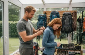 The Science of Backpack Fit: How to measure Torso Length A man helps a woman measure her torso length for a backpack in a sunroom filled with hiking gear.