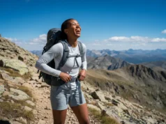The Science of UPF Clothing: A Hiker’s Gear Analysis A fit and happy woman hiking on a sunny mountain trail while wearing a long-sleeved sun-protective shirt.