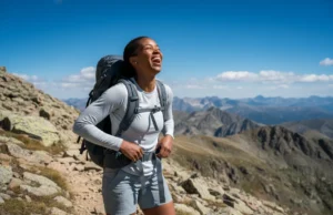 The Science of UPF Clothing: A Hiker’s Gear Analysis A fit and happy woman hiking on a sunny mountain trail while wearing a long-sleeved sun-protective shirt.