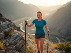 The Science of Using Trekking Poles Downhill for Stability A fit female hiker with red hair confidently uses trekking poles to navigate a steep downhill mountain trail at sunset.