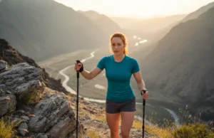 The Science of Using Trekking Poles Downhill for Stability A fit female hiker with red hair confidently uses trekking poles to navigate a steep downhill mountain trail at sunset.