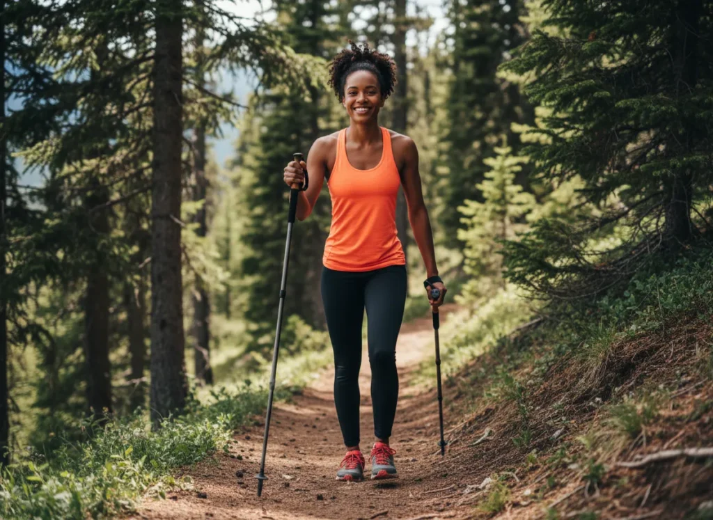 An athletic woman demonstrates how trekking poles create stability and protect the body while hiking downhill on a forest trail.