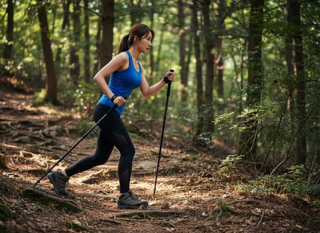 An athletic woman using trekking poles to propel herself efficiently up a steep forest trail, demonstrating biomechanical form.