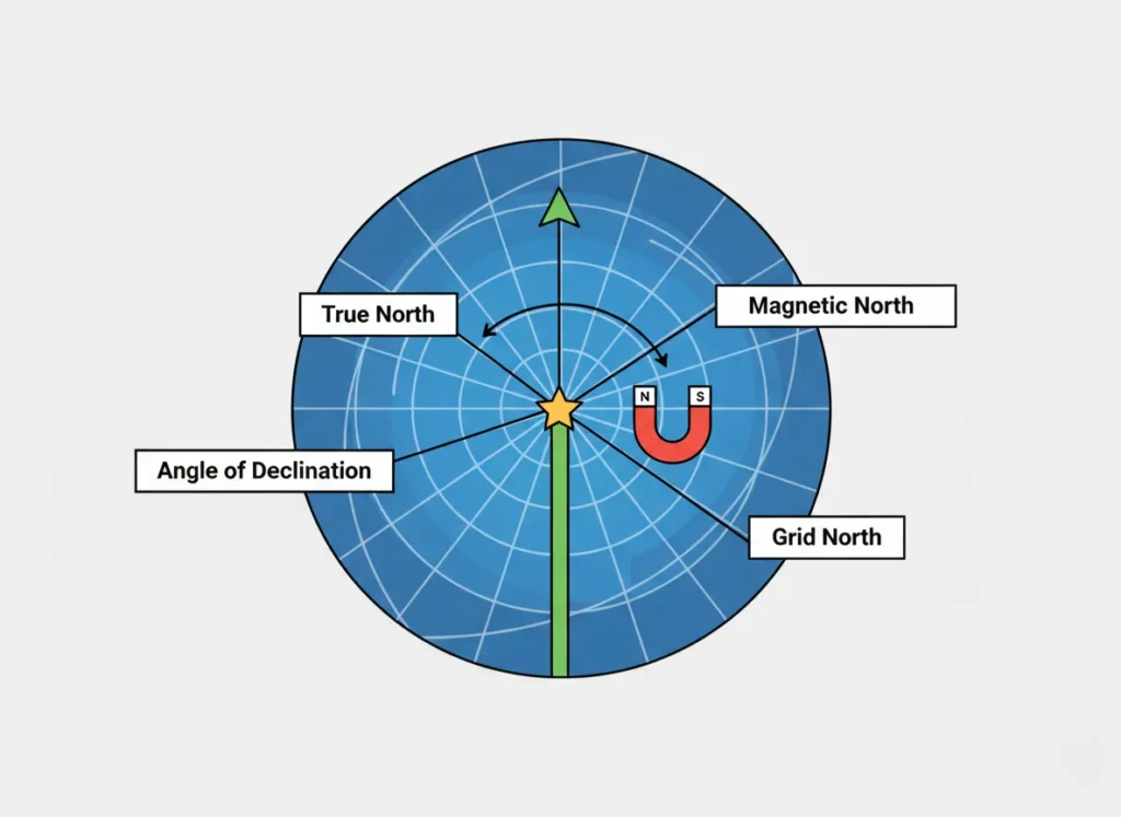A minimalist flat vector infographic illustrating the differences between True North, Magnetic North, and Grid North on a top-down view of Earth's polar region, with symbolic markers, a faint grid overlay, and labeled angular differences using arrows.