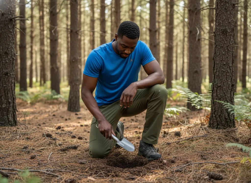 A focused male hiker kneeling in a forest and using a trowel to properly dig a cathole for backcountry waste disposal.
