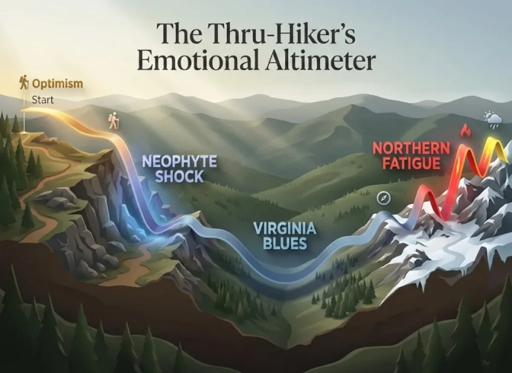 A stylized, high-definition infographic titled "The Thru-Hiker's Emotional Altimeter." It features a cross-section of a mountain range representing a trail's elevation profile, overlaid with a contrasting glowing line graph representing emotional state. Key text labels identifying psychological stages like "Neophyte Shock" and "Virginia Blues" are integrated into the 3D landscape.