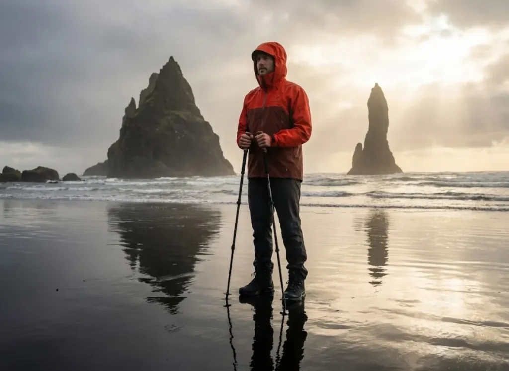 A hiker in a red Arc'teryx jacket standing on a reflective black sand beach looking out at sea stacks during a dramatic sunset.