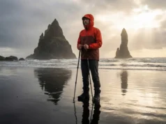 Tide-Safe Guide to the Best Coastal Hikes in the World A hiker in a red Arc'teryx jacket standing on a reflective black sand beach looking out at sea stacks during a dramatic sunset.
