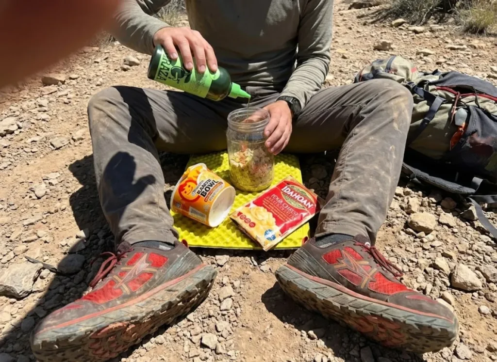 Hiker sitting on a Therm-a-Rest pad mixing Maruchan Ramen and Idahoan potatoes into a cold soak jar.