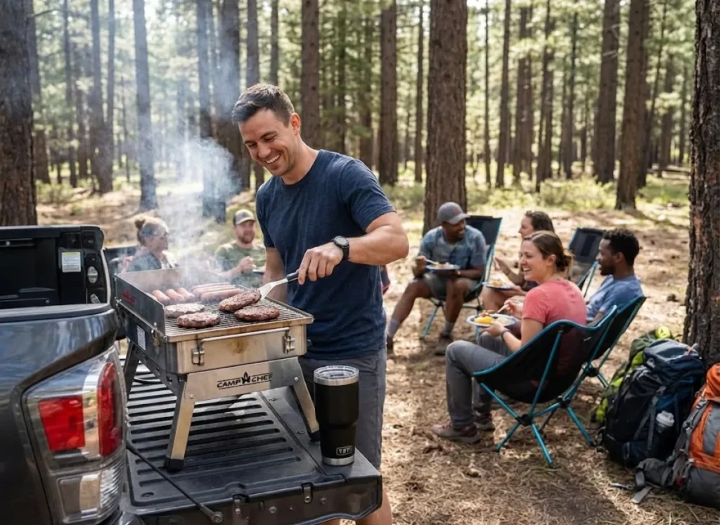Volunteer cooking on a Camp Chef grill on a Toyota Tacoma tailgate with a Yeti tumbler in the foreground.