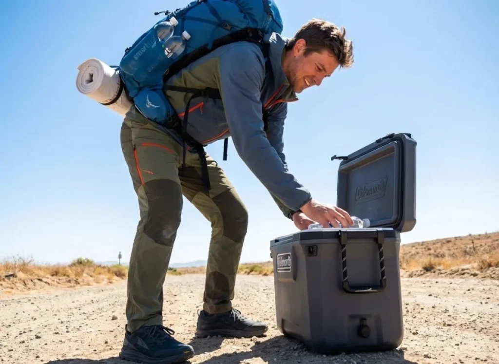 Thru-hiker with an Osprey backpack and Altra shoes grabbing a soda from a Coleman cooler at a trail crossing.