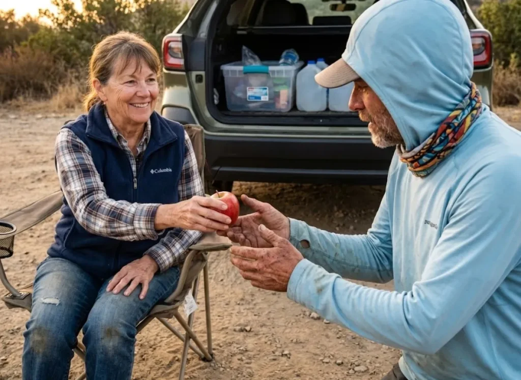 Trail angel in a Columbia vest handing an apple to a hiker wearing a Patagonia hoodie and Buff.