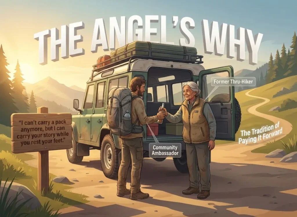 A premium editorial infographic titled 'The Angel's Why,' featuring a cinematic scene of an elderly volunteer assisting a thru-hiker on a mountain pass. The image uses 3D vector-realism to illustrate the concepts of vicarious connection, community ambassadorship, and the history of 'paying it forward.'