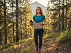 Trail Navigation: Magnetic Declination Explained A focused female hiker with red hair consulting her map and compass on a scenic mountain trail.