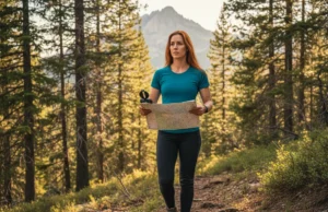 Trail Navigation: Magnetic Declination Explained A focused female hiker with red hair consulting her map and compass on a scenic mountain trail.