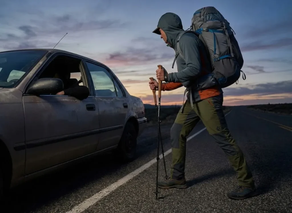 Hiker with Black Diamond poles and Gossamer Gear pack refusing a ride from a suspicious vehicle.