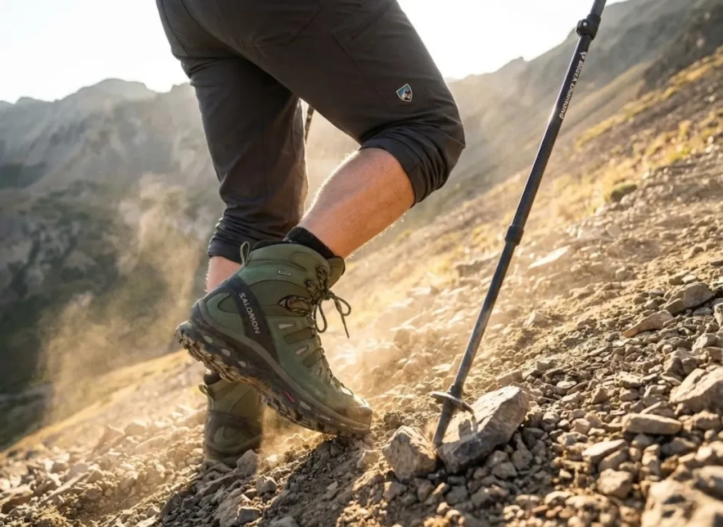 Close-up low angle shot of hiking boots and trekking poles climbing a steep, rocky trail, showcasing muscular endurance.