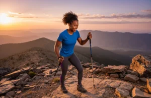 Trekking Pole Benefits: Mastering Terrain & Performance An athletic Afro-American woman smiling as she hikes on a mountain summit at sunset, using trekking poles for stability.