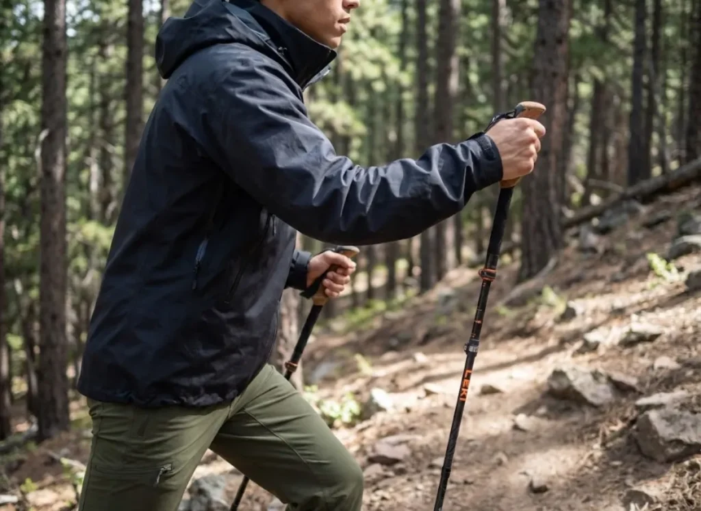 Side view of a hiker engaging triceps and shoulders while using Leki Makalu FX Carbon poles on an uphill climb.