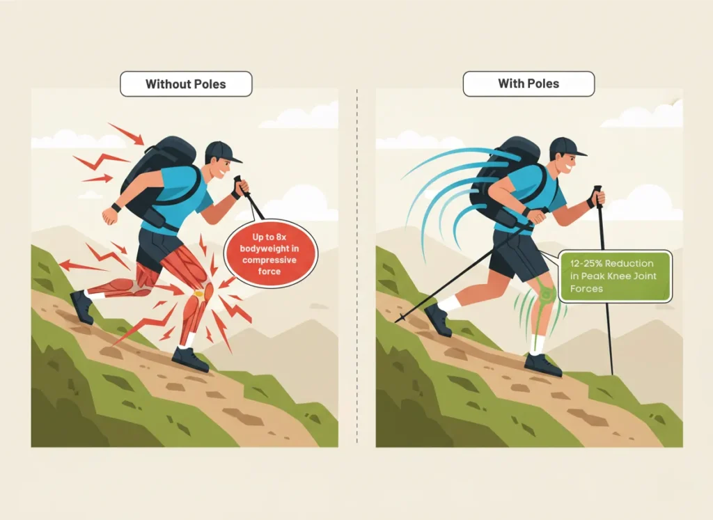 A two-panel infographic illustrating the science of load redistribution during a single downhill step with trekking poles, comparing joint stress without poles (red compressive forces on knees and ankles) versus with poles (blue redistributed forces to upper body), featuring dynamic hiker figures on a trail, callout boxes with force statistics, and vibrant educational styling for hiking biomechanics.