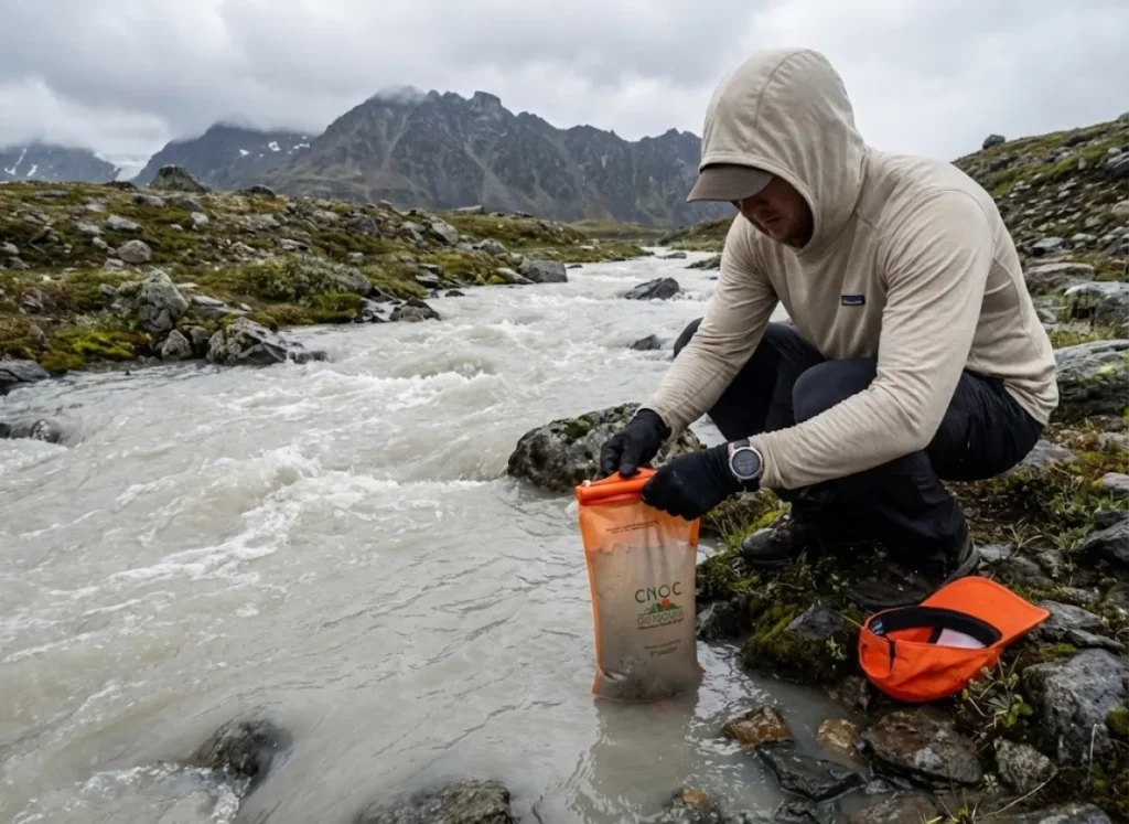 Hiker filling a CNOC Vecto water bag from a muddy glacial stream, illustrating the sediment that causes filter clogs.