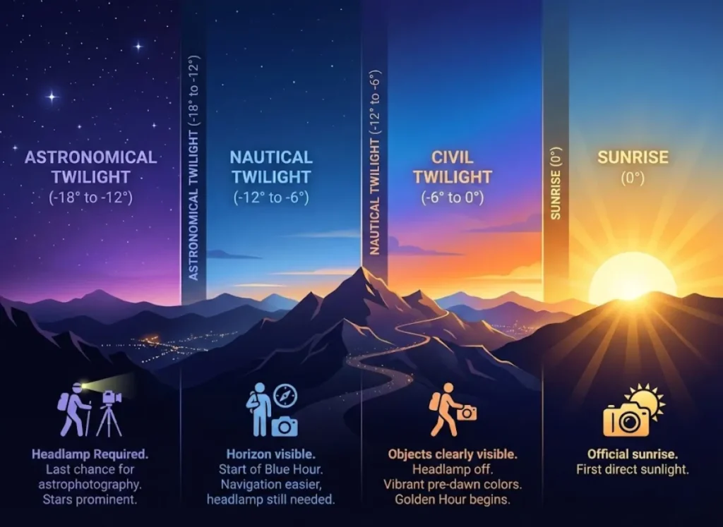 A timeline infographic showing the sky's color gradient transition through Astronomical, Nautical, and Civil Twilight to Sunrise, with corresponding sun angles and activities like headlamp use and photography.