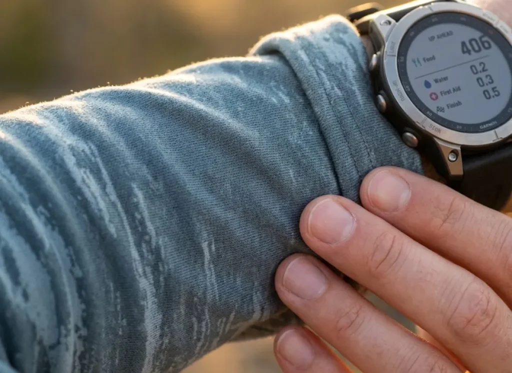 Close up detail of Mountain Hardwear sun hoodie fabric texture backlit by the sun showing the weave density next to a Garmin fēnix watch.