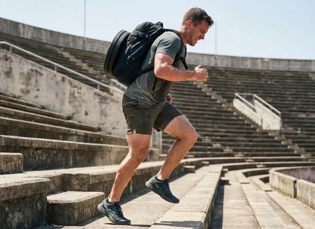 Athlete training on stairs wearing a weighted GoRuck GR1 backpack and Salomon shoes.