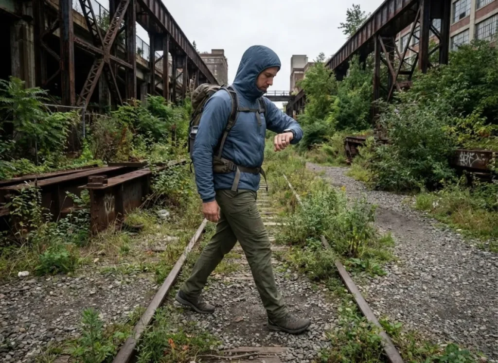 Urban hiker wearing Arc'teryx gear walking along an abandoned industrial rail line checking a Garmin watch.