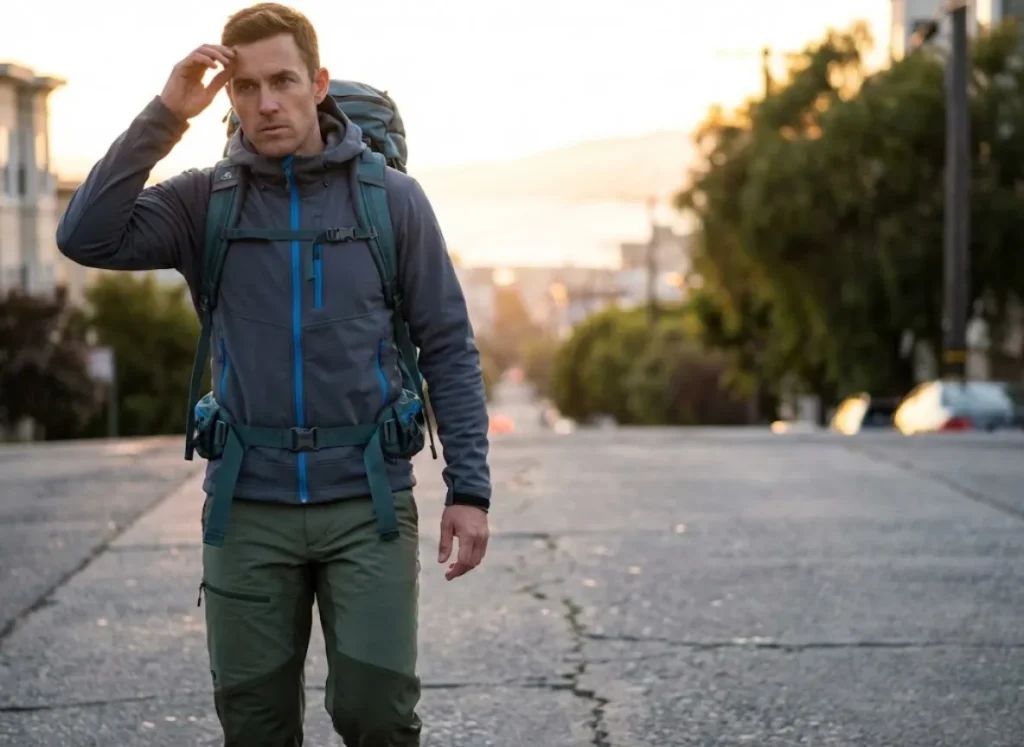 Hiker wearing Patagonia jacket and Osprey backpack looking out over San Francisco skyline at sunset.