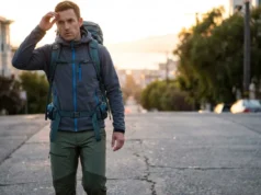 Urban Hiking Trails: Ultimate Route & Gear Guide Hiker wearing Patagonia jacket and Osprey backpack looking out over San Francisco skyline at sunset.
