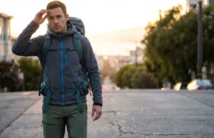 Urban Hiking Trails: Ultimate Route & Gear Guide Hiker wearing Patagonia jacket and Osprey backpack looking out over San Francisco skyline at sunset.