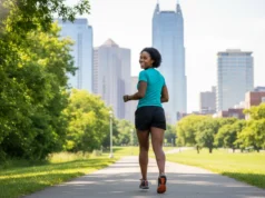 Urban Hiking Trails: The Definitive Hiker’s Field Guide An athletic woman joyfully urban hiking on a paved trail that blends a city park with a modern city skyline in the background.