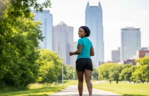 Urban Hiking Trails: The Definitive Hiker’s Field Guide An athletic woman joyfully urban hiking on a paved trail that blends a city park with a modern city skyline in the background.