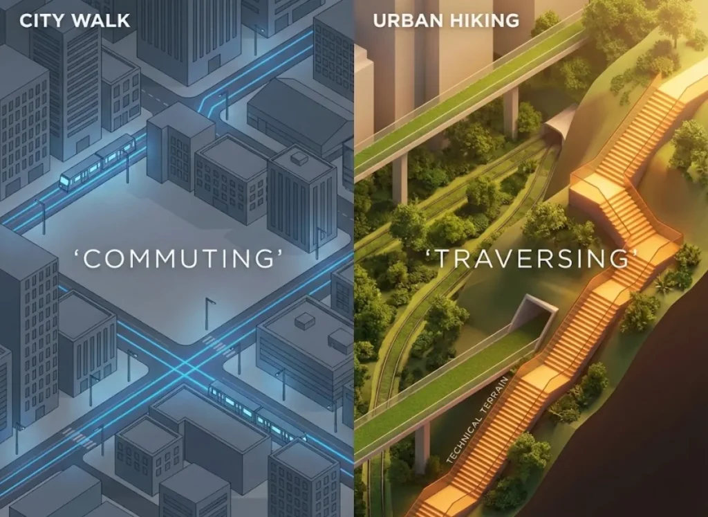 A 3D editorial illustration that divides a city into two perspectives: on the left, a flat, gray urban map focused on transport; on the right, a vibrant topographic landscape with urban hiking trails, public stairs, and green corridors highlighted with elevation and natural textures.
