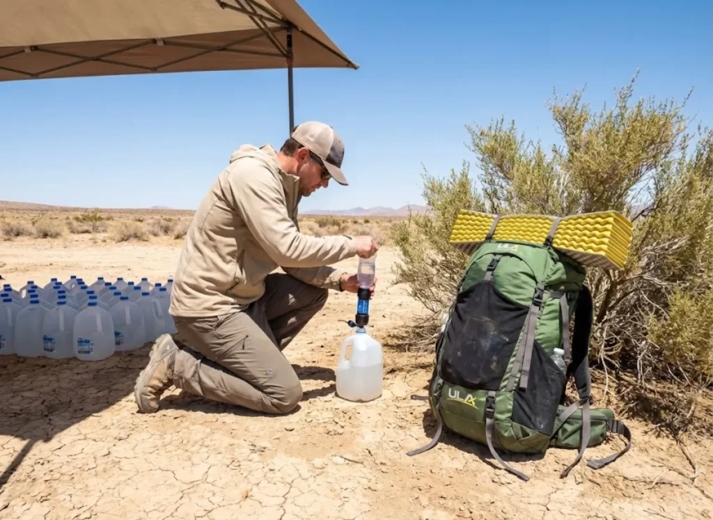Hiker using a Sawyer Squeeze filter at a desert water cache with a ULA Circuit backpack.