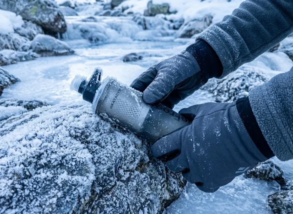 A close-up of a Katadyn BeFree water filter covered in frost on a rock, with gloved hands reaching for it, illustrating freezing risks.