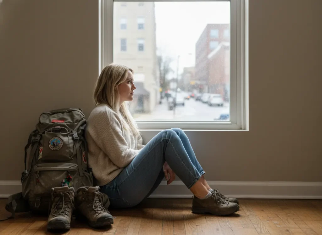 A female thru-hiker looking wistfully out an apartment window after her hike, with her dusty backpack and boots in the corner.