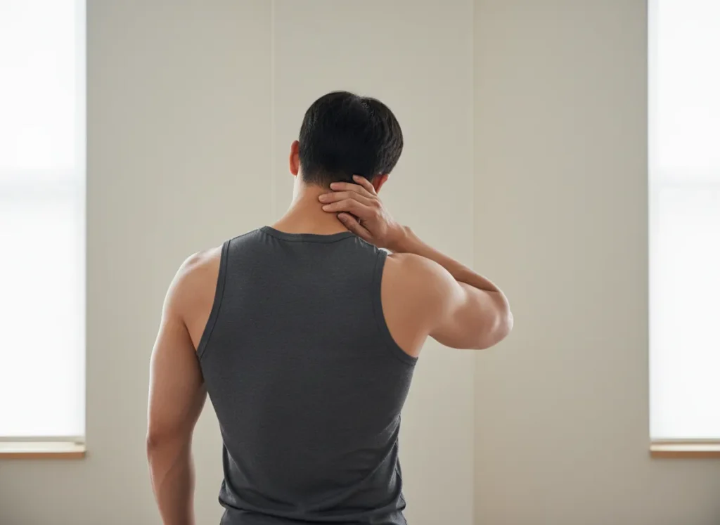 A man with his back to the camera tilts his head forward and touches the C7 vertebra at the base of his neck.