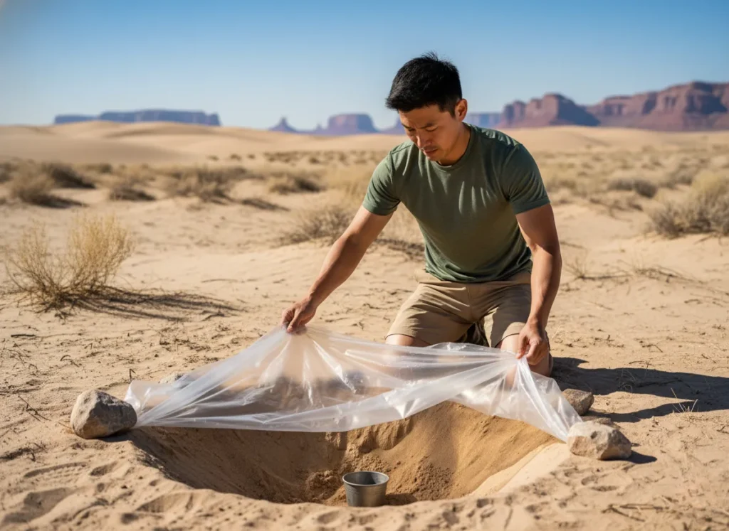 A male hiker demonstrates how to build a solar still in the desert to collect water.