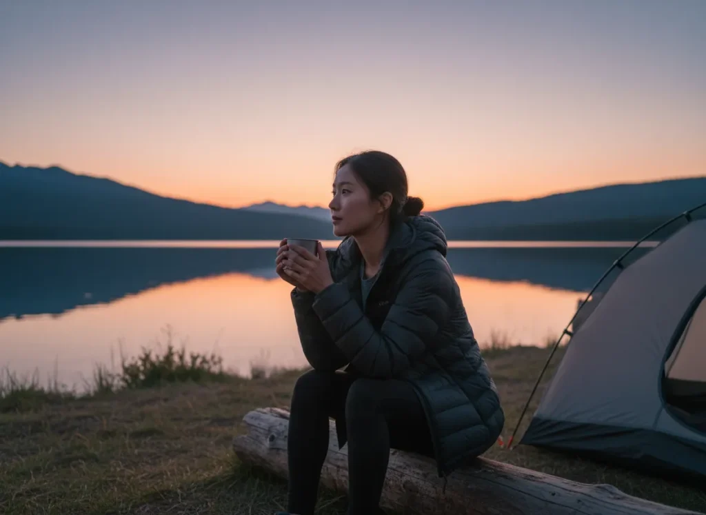 A female hiker sits pensively at her lakeside campsite at dusk, holding a mug and reflecting while looking out at the sunset.
