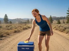 What are Trail Angels? The Hiker’s Code of Conduct A female hiker with red hair discovers a cooler of trail magic at a remote road crossing on a dusty desert trail.