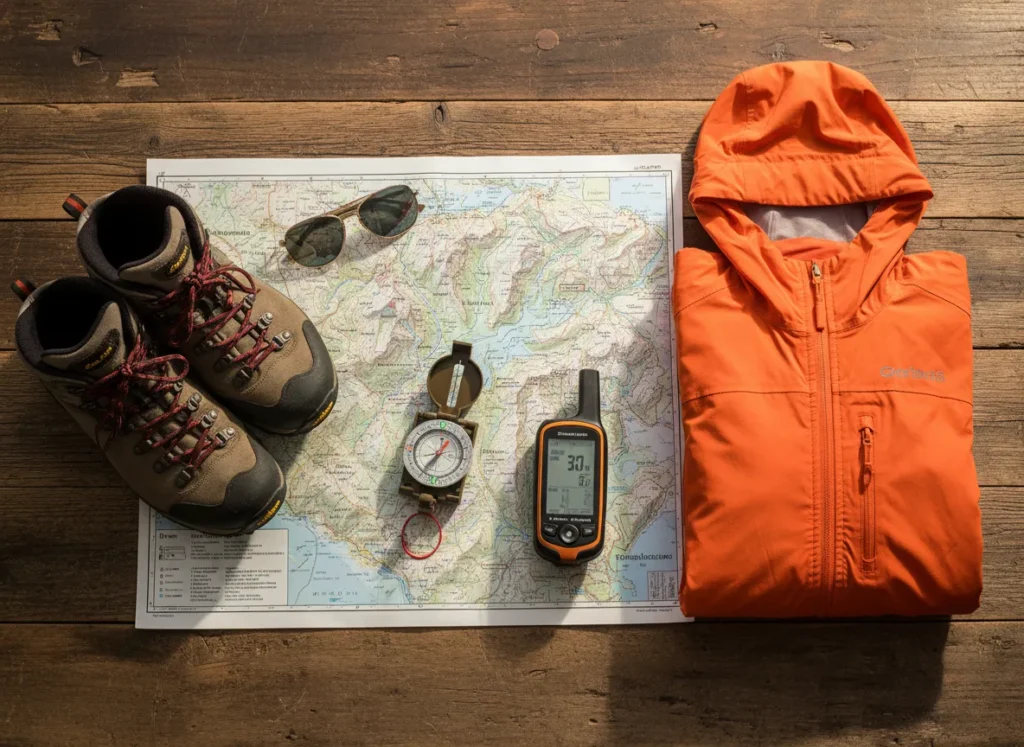 Essential heli-hiking gear including a map, compass, hiking boots, and a jacket laid out on a wooden table.