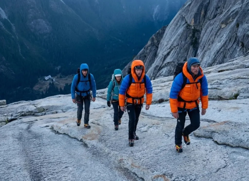 Hikers in Mammut gear traversing a high granite slab with Osprey backpacks, overlooking a distant valley lodge.