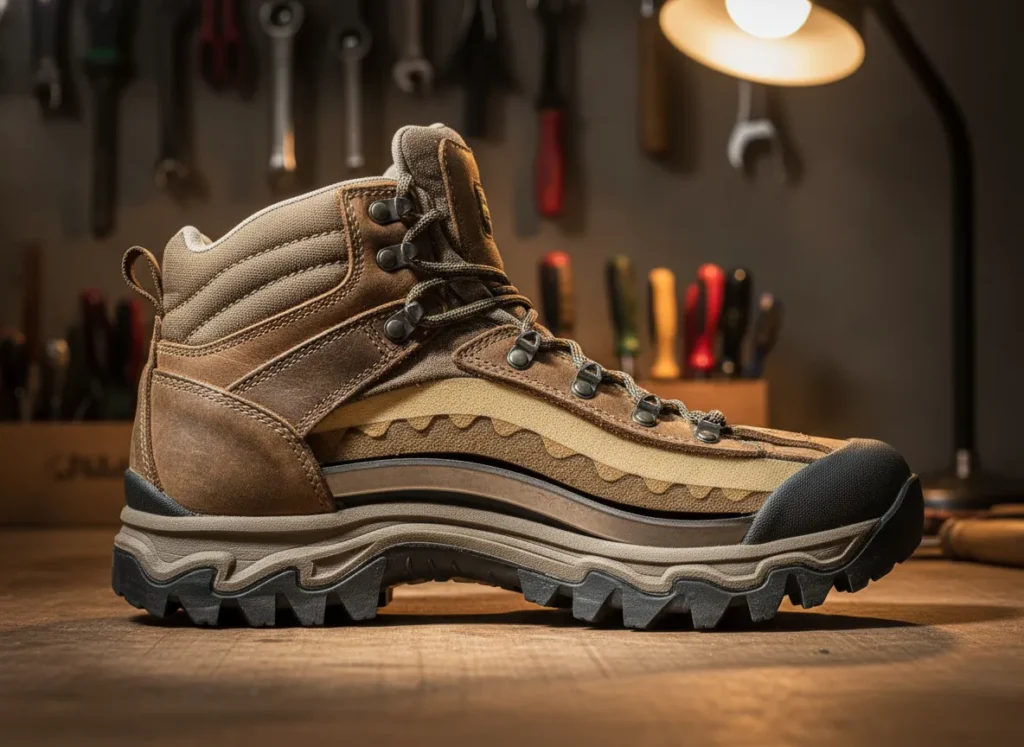 A cross-section of a hiking boot sole showing the different layers, with the internal shank clearly visible between the midsole and outsole.