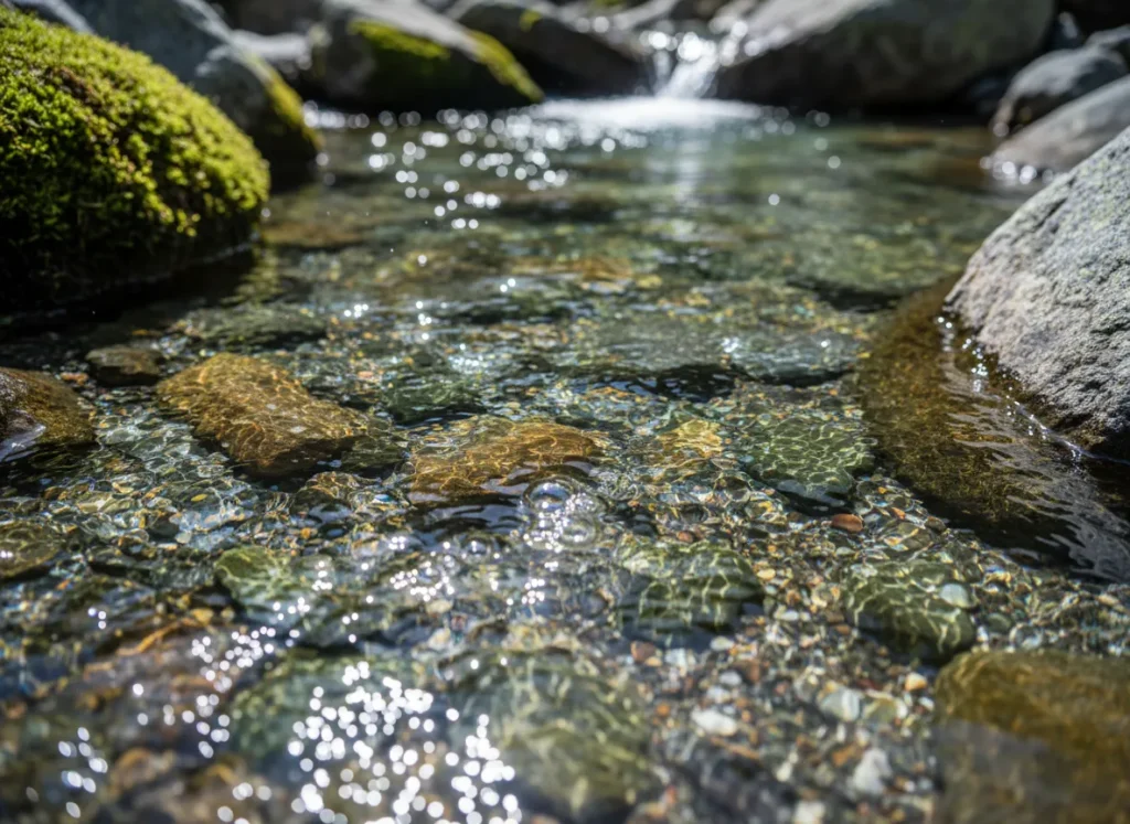 A close-up view of a clear, pristine-looking mountain stream flowing over smooth rocks, appearing deceptively safe to drink.