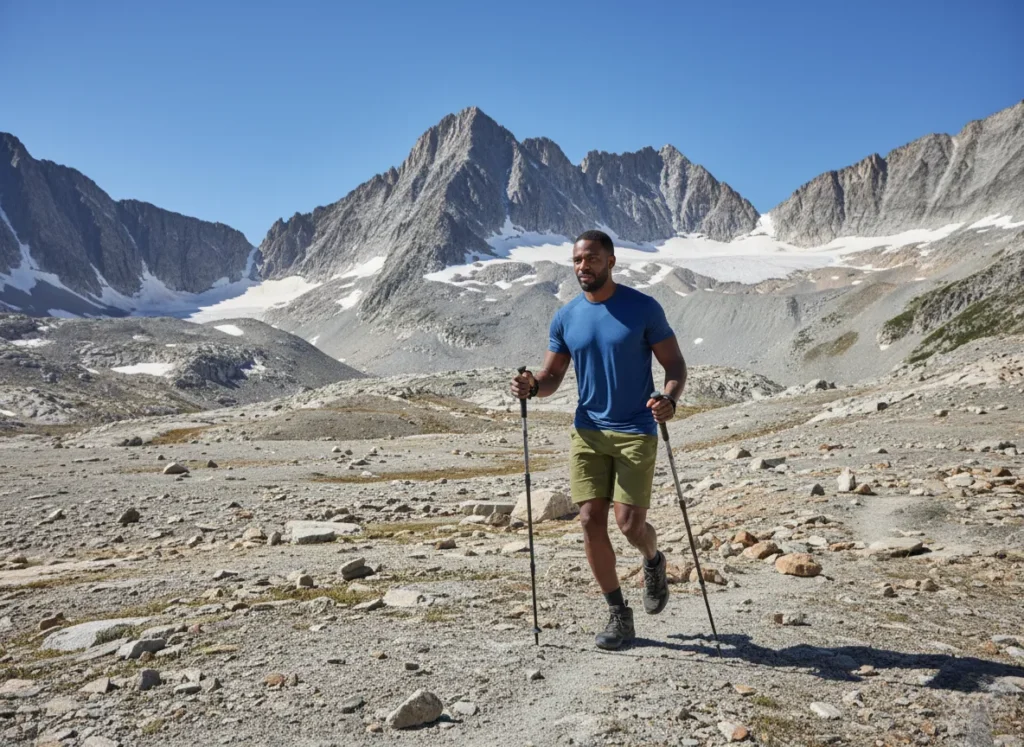 A male hiker trekking across a remote glacial landscape in a high-altitude mountain environment.