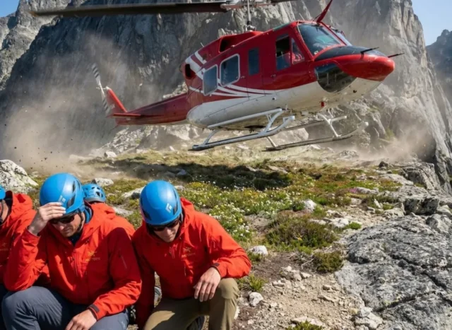 what-is-heli-hiking-logistics-gear-skill-essentials Bell 212 helicopter taking off from a mountain ridge with hikers in Arc'teryx gear crouching in the foreground.